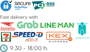 MorchStore ให้บริการจัดส่งสินค้าผ่านไปรษณีย์ไทย grab LINEMAN KEX Express SKOOTAR 7-Eleven เวลาทำการ 9.30 - 18.00 น. เครื่องหมายมาตรฐาน PCI-DSS Compliant ใบรับรอง GlobalSign SSL